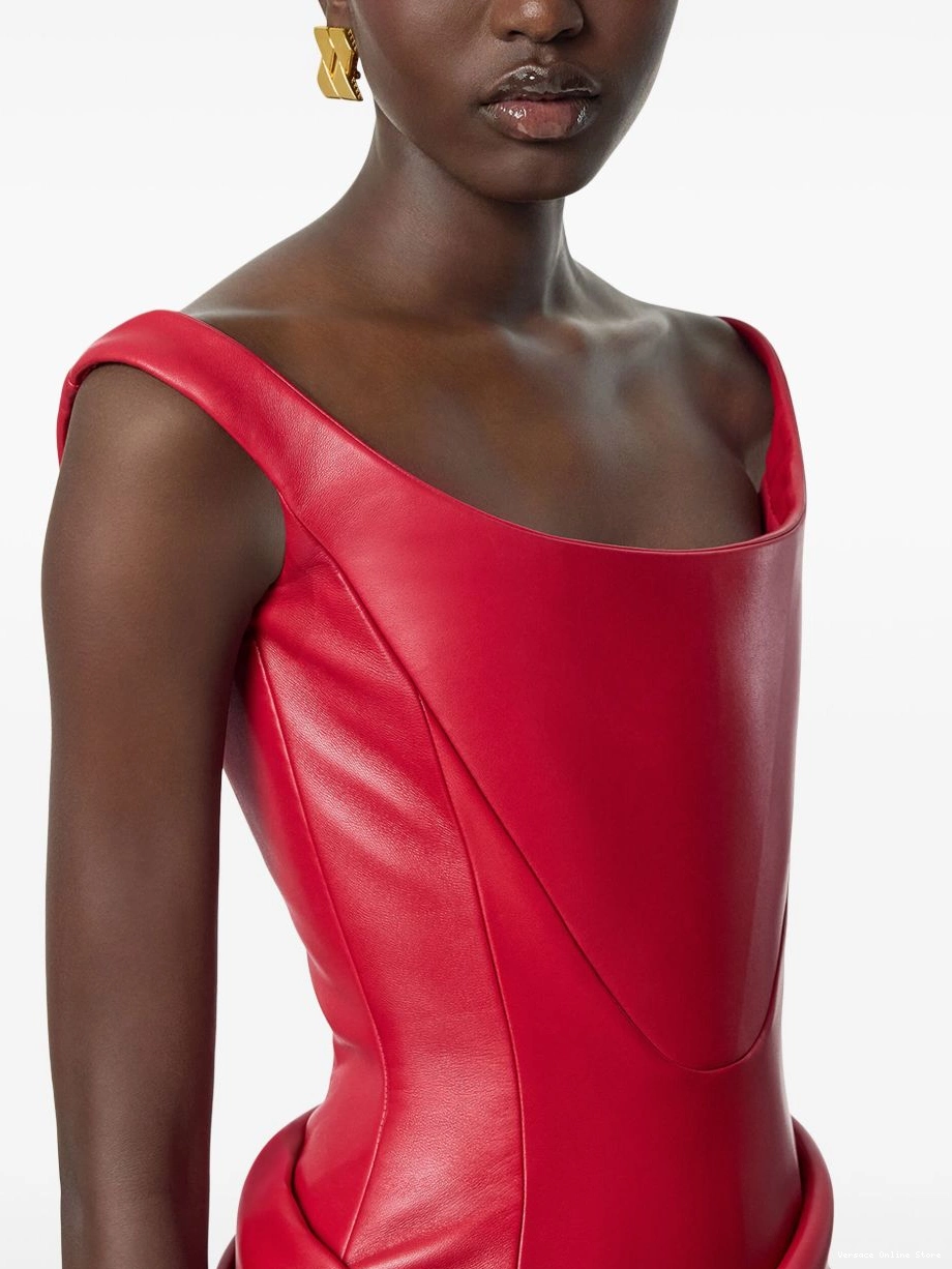 Affordable leather dress Women draped corset Versace midi 0415